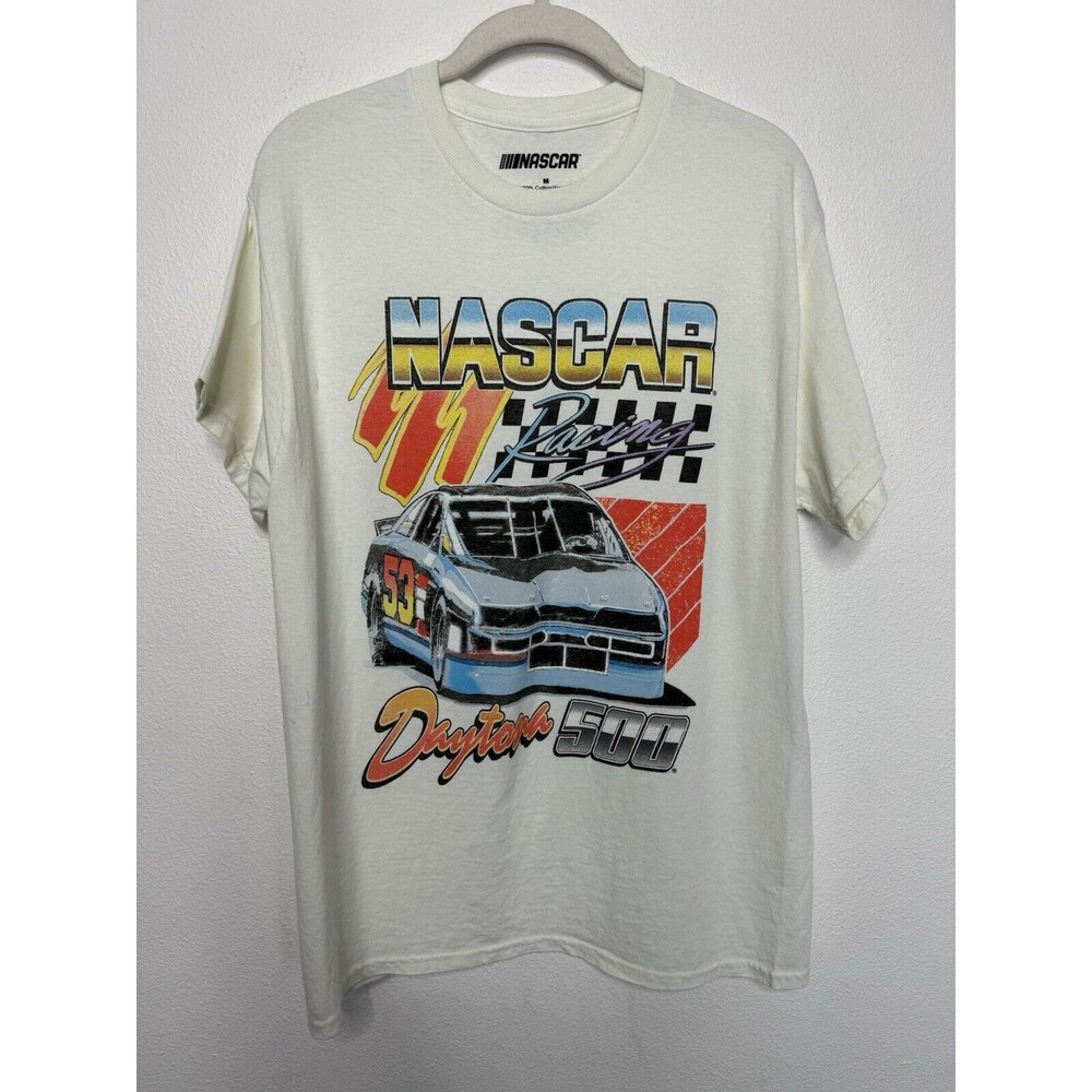 NASCAR Sz M Ivory #53 Racing T-Shirt Daytona 500 Short Sleeve Cotton Flaw